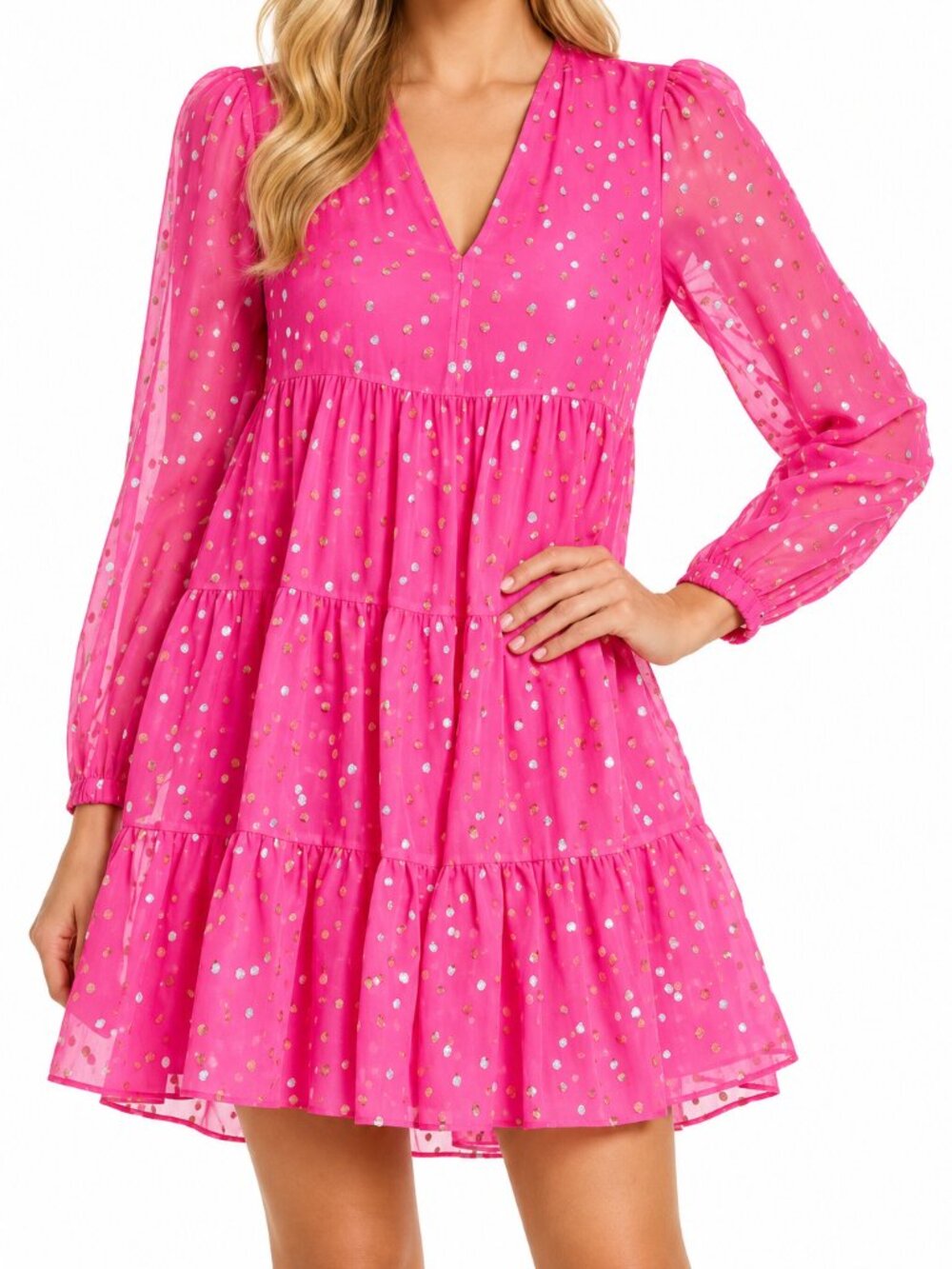 Lilly Pulitzer Swing Dress Pink Metallic Dots Party Sparkle Long-Sleeve Sz 8